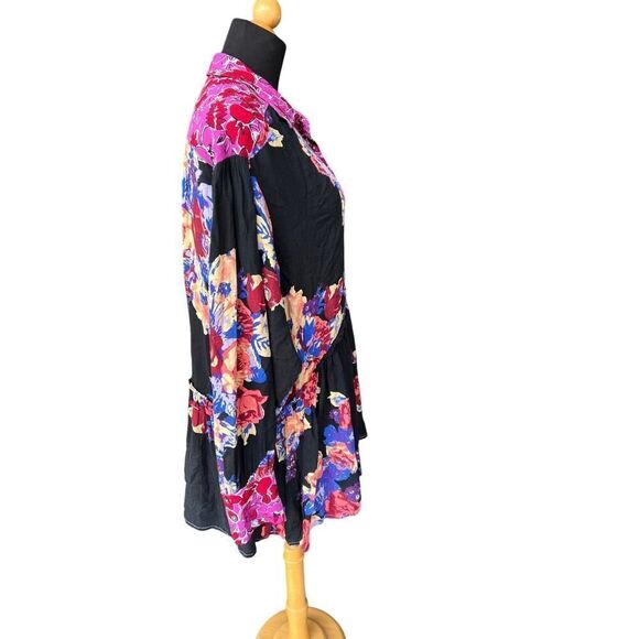Free People Brunch A Bunch Longsleeve Tunic Top Black Floral Motif Size Small - Picture 5 of 8